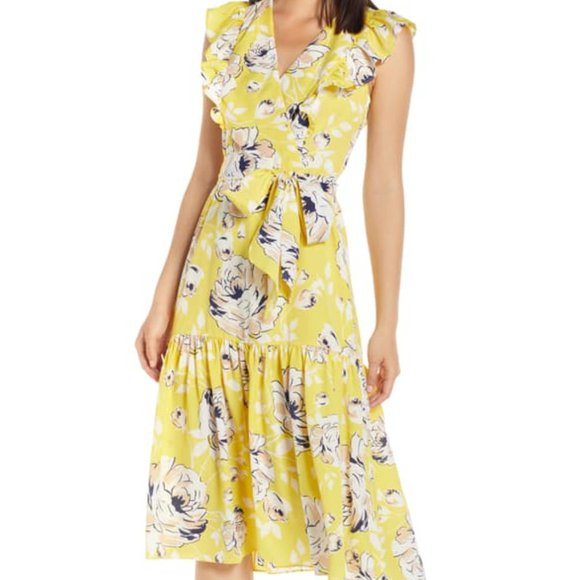 NWT Eliza J Size 14 Faux Wrap Chiffon Floral Dress